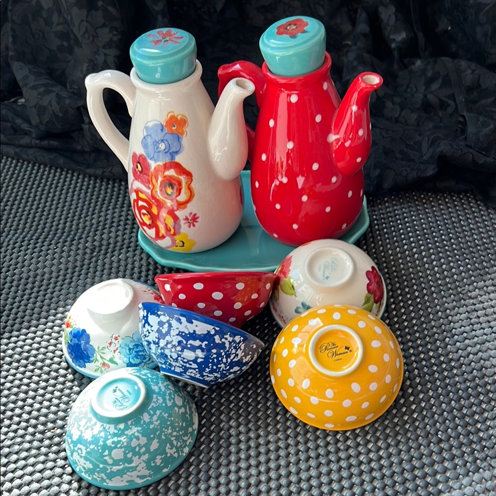 The Pioneer Woman Colorful Floral and Polka Dot Teapot Set